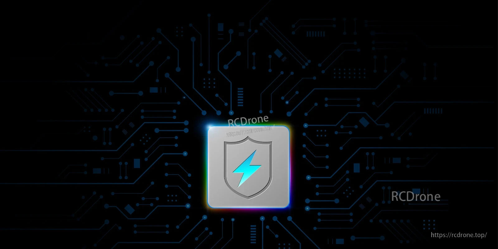 Abstract circuit board background with a shield and lightning bolt icon in the center