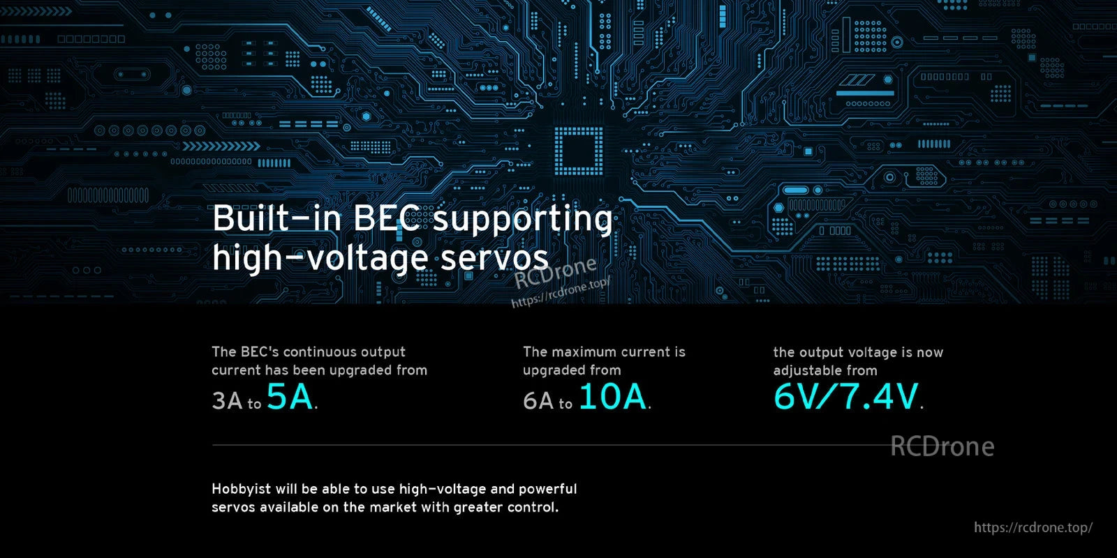 Hobbywing XeRun XR10 Stock Spec G2 ESC graphic showing built-in BEC with 5A/10A and 6V/7.4V output