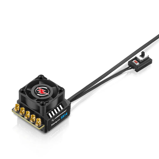 Hobbywing XeRun XR14 70A Sensored Brushless ESC, Hobbywing XeRun XR14 brushless ESC with cooling fan, gold bullet terminals, and wired on/off switch