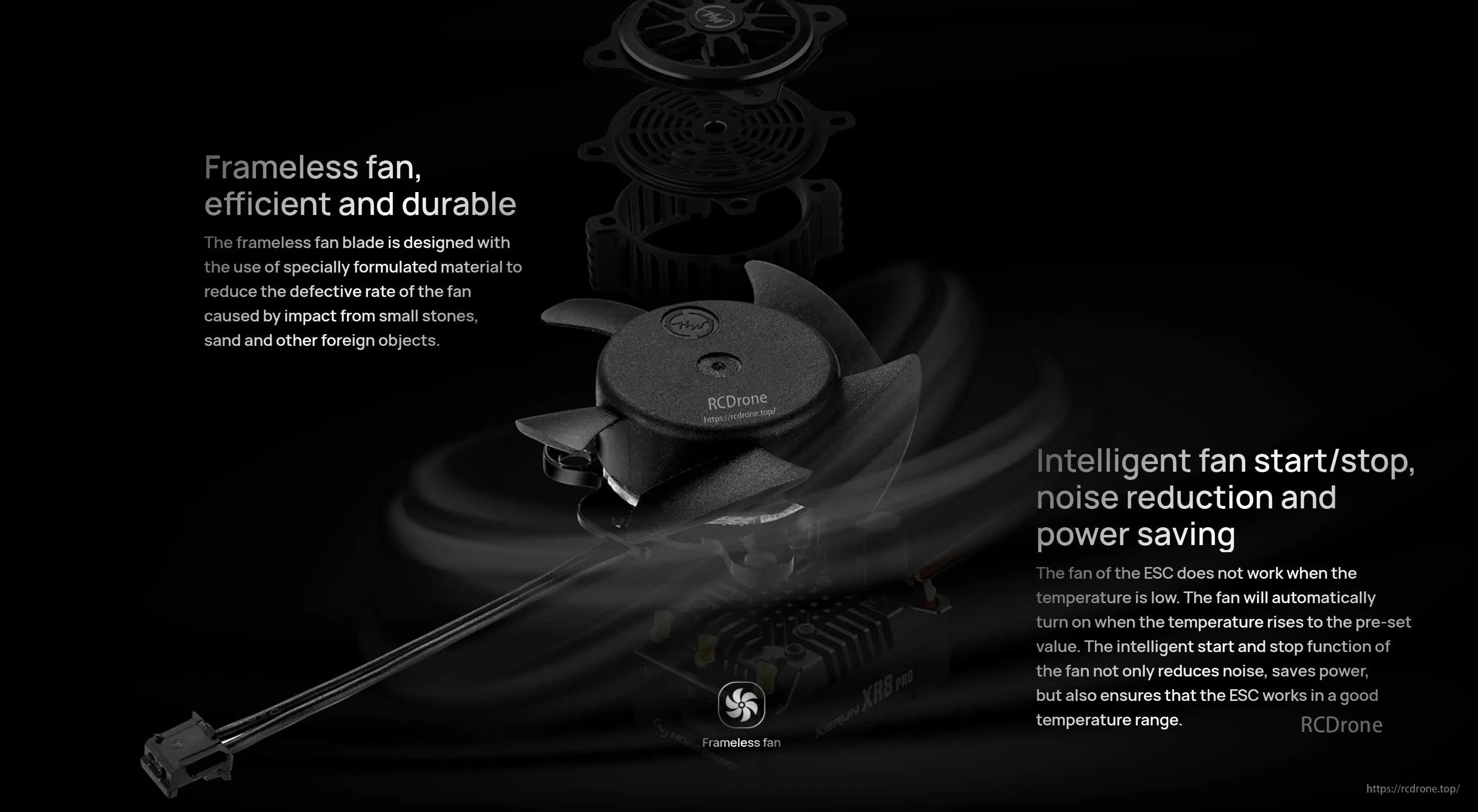 Exploded view of Hobbywing XeRun XR8 Pro ESC frameless cooling fan with housing, blades, and plug lead