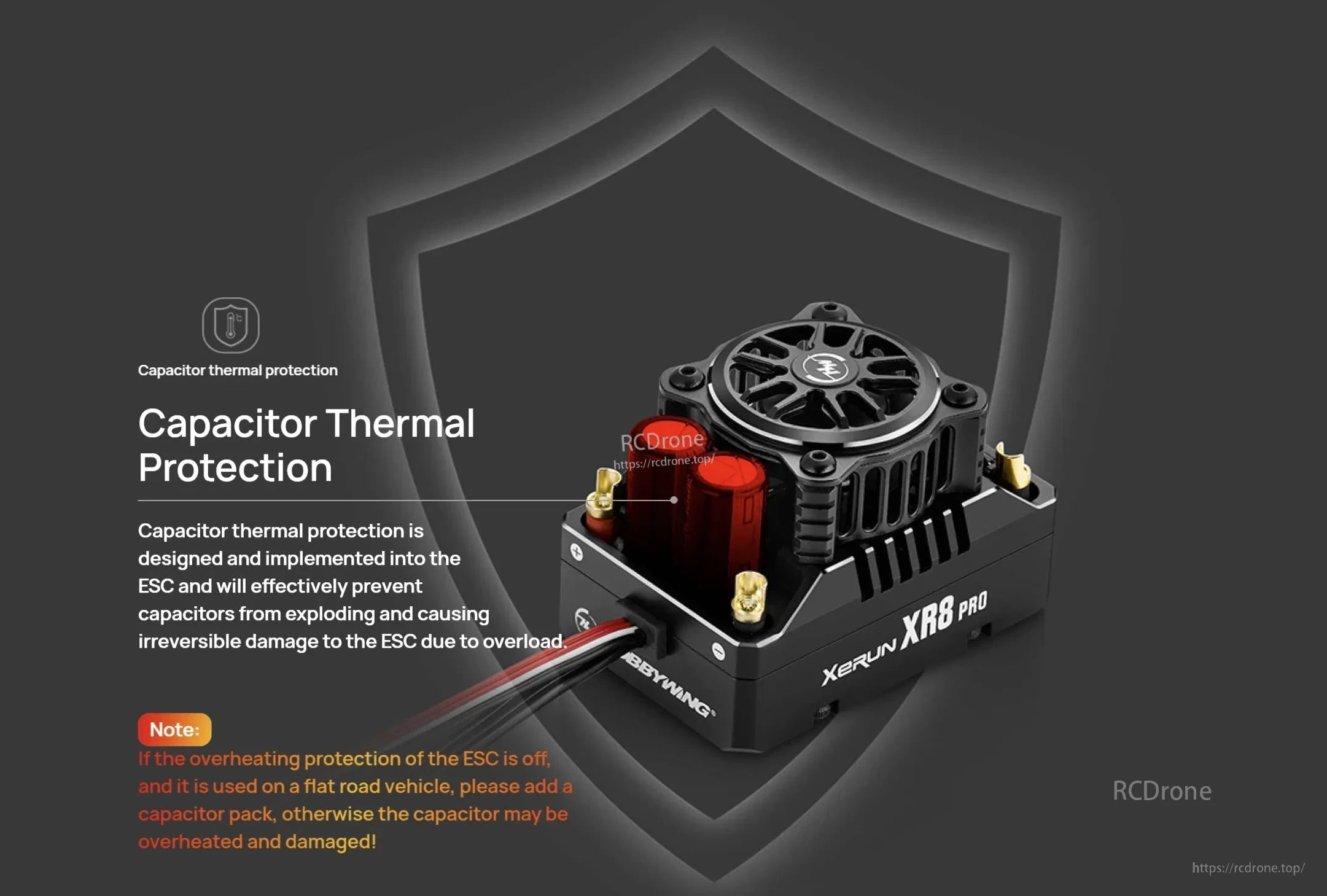 Hobbywing XeRun XR8 Pro ESC with cooling fan and dual red capacitors, highlighting capacitor thermal protection