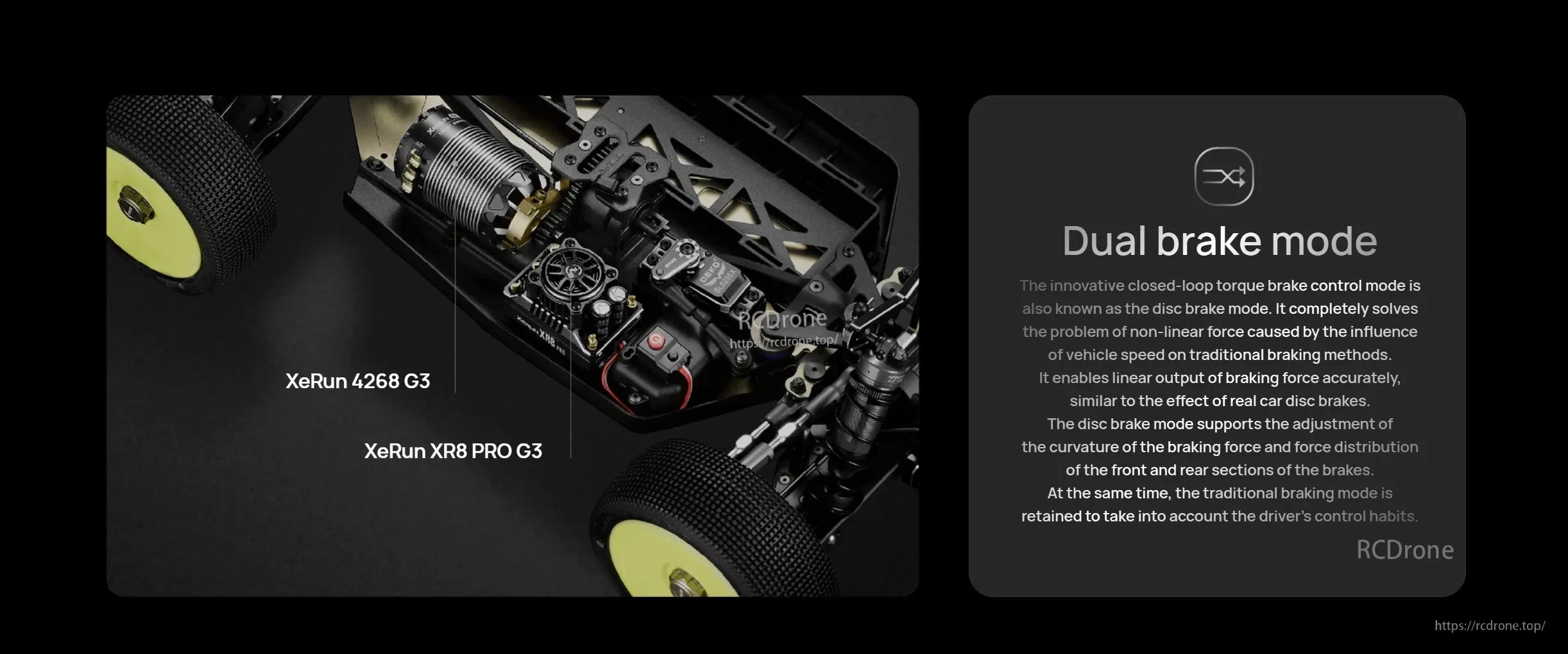 Hobbywing XeRun XR8 PRO G3 ESC installed in a 1/8 RC buggy chassis with “Dual brake mode” callout text