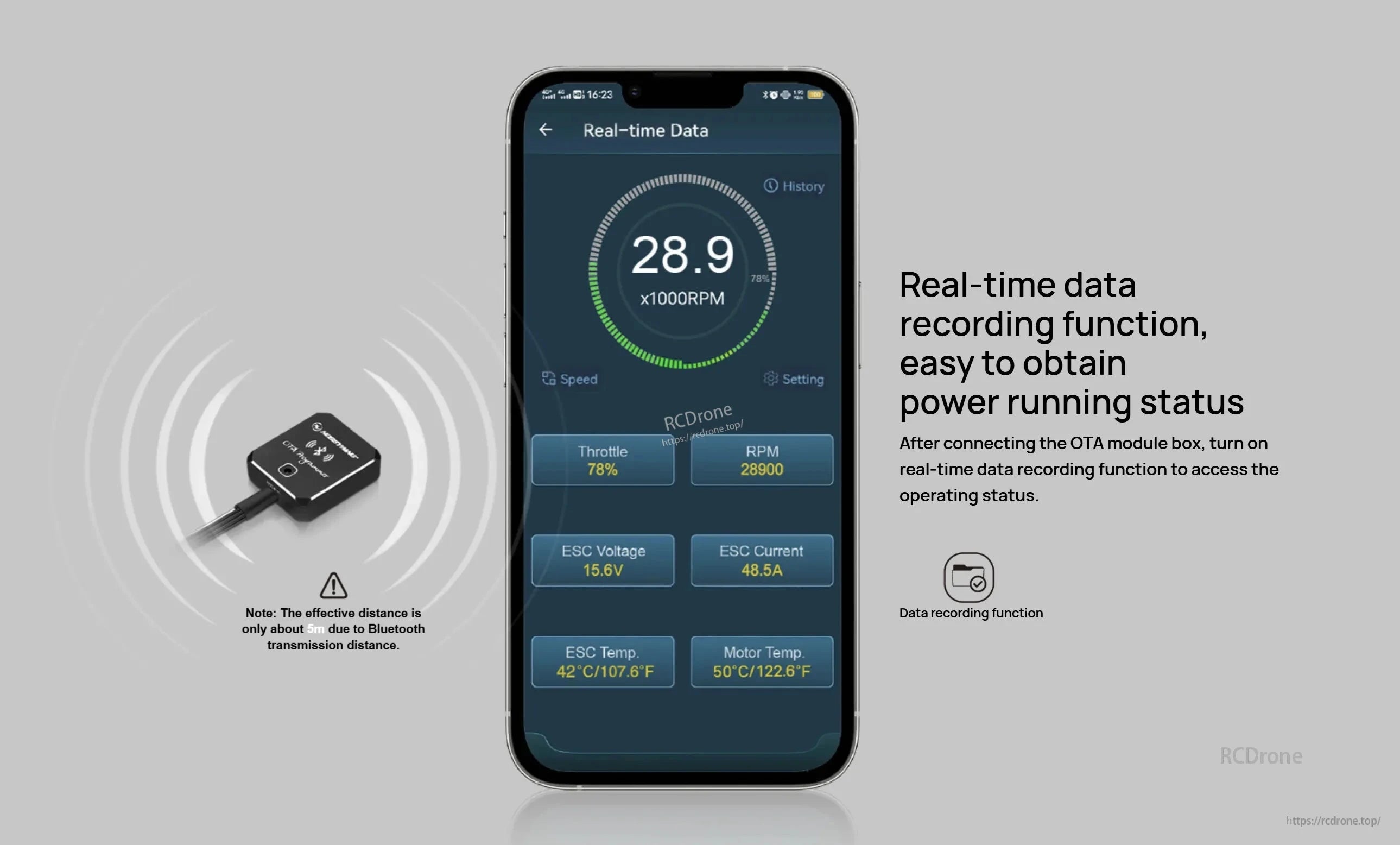 Hobbywing XR8 Pro G3 ESC real-time data app screen with OTA Bluetooth module for RPM, voltage and temps