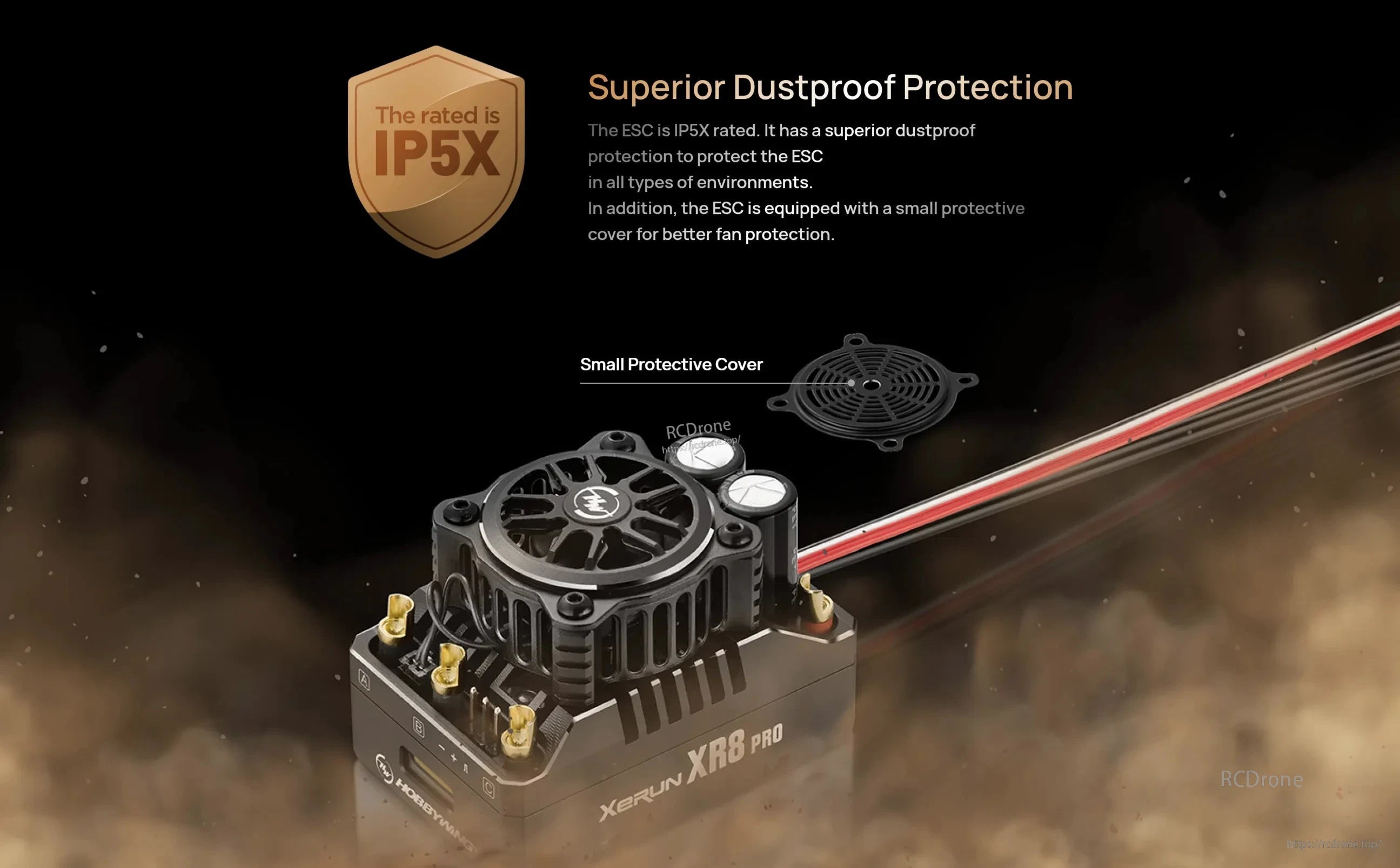 Hobbywing XeRun XR8 Pro ESC with cooling fan, gold motor tabs, and IP5X dustproof rating callout