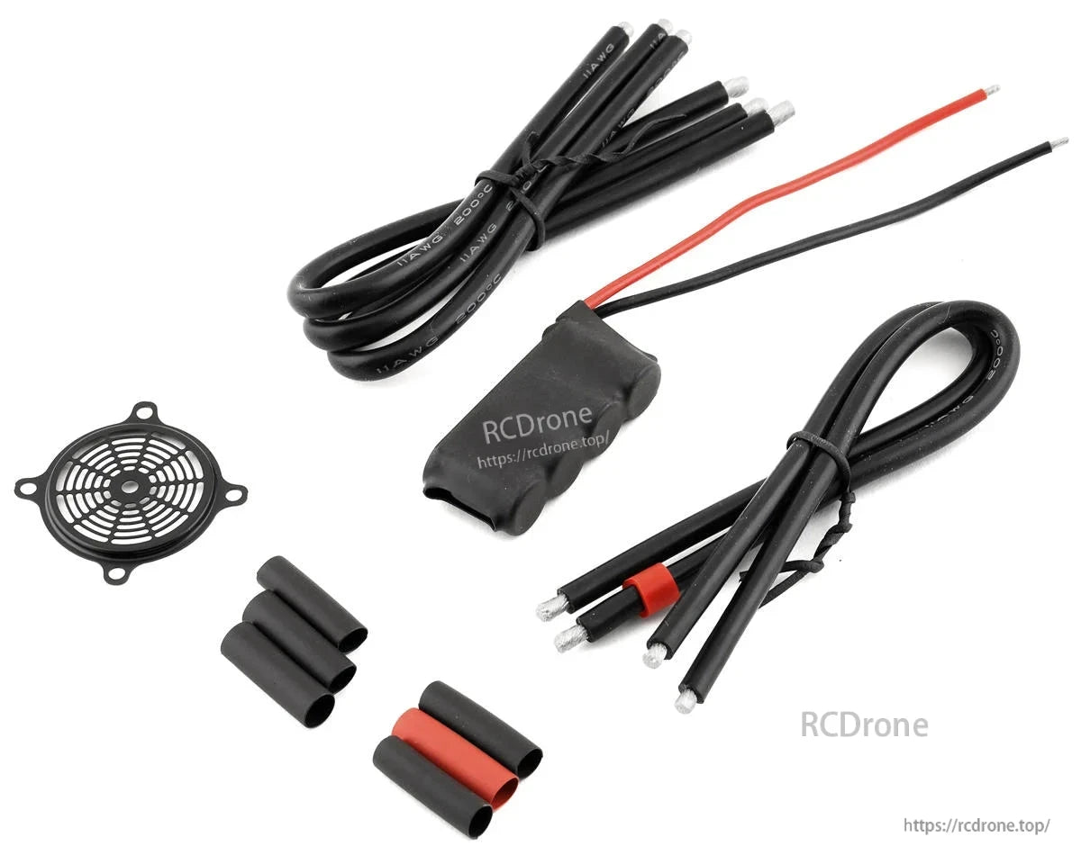 Wiring accessories for Hobbywing XeRun XR8 Pro G3 ESC, including motor and battery leads, heat shrink, and fan guard