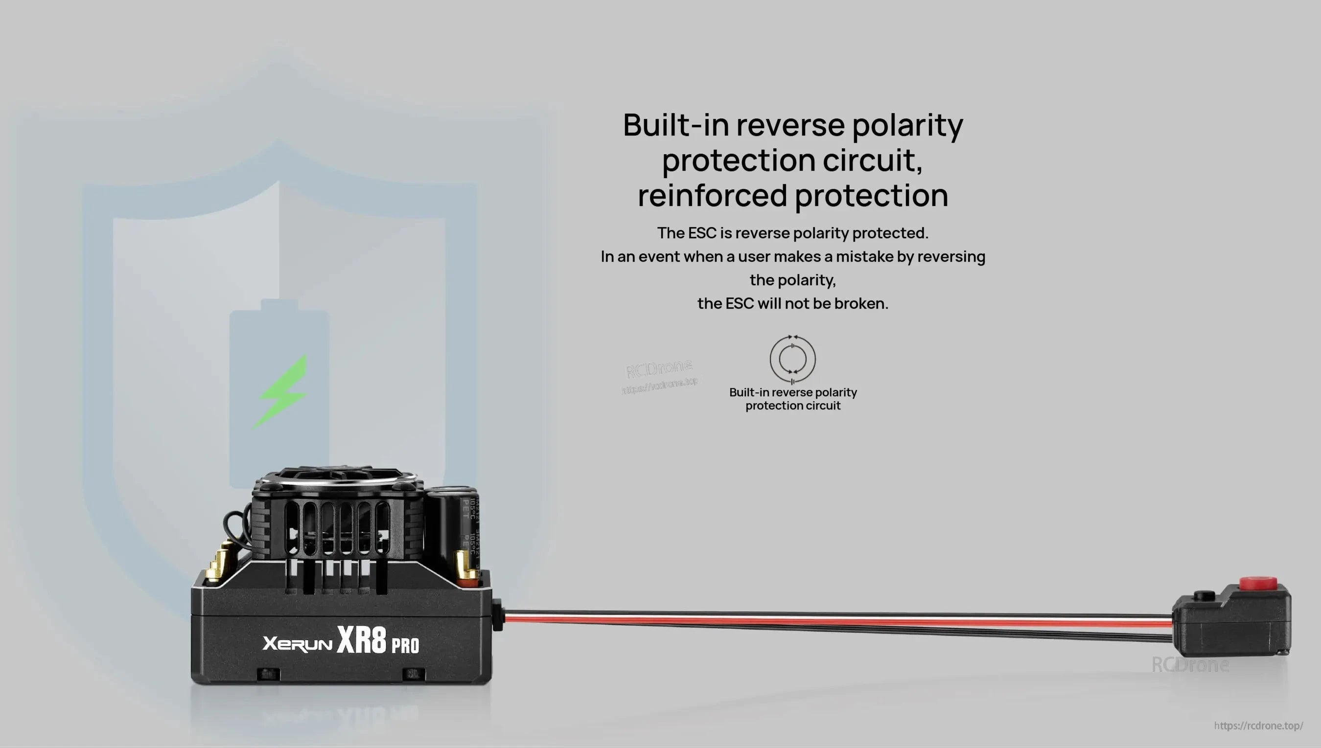 Hobbywing XeRun XR8 Pro ESC for 1/8 RC, side view with fan top and built-in reverse polarity protection note