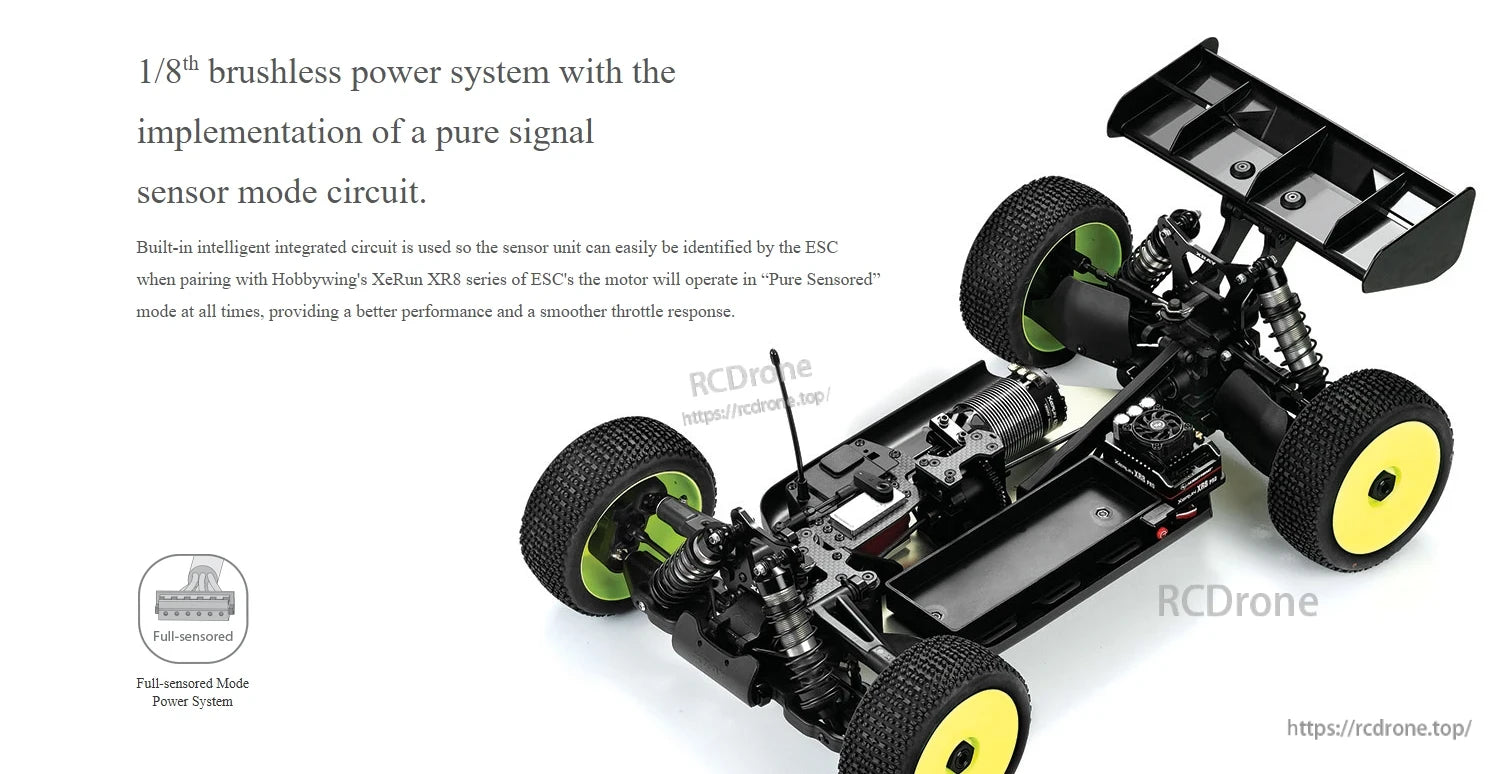 Hobbywing XeRun sensored brushless motor installed in a 1/8 RC buggy chassis with ESC and wiring