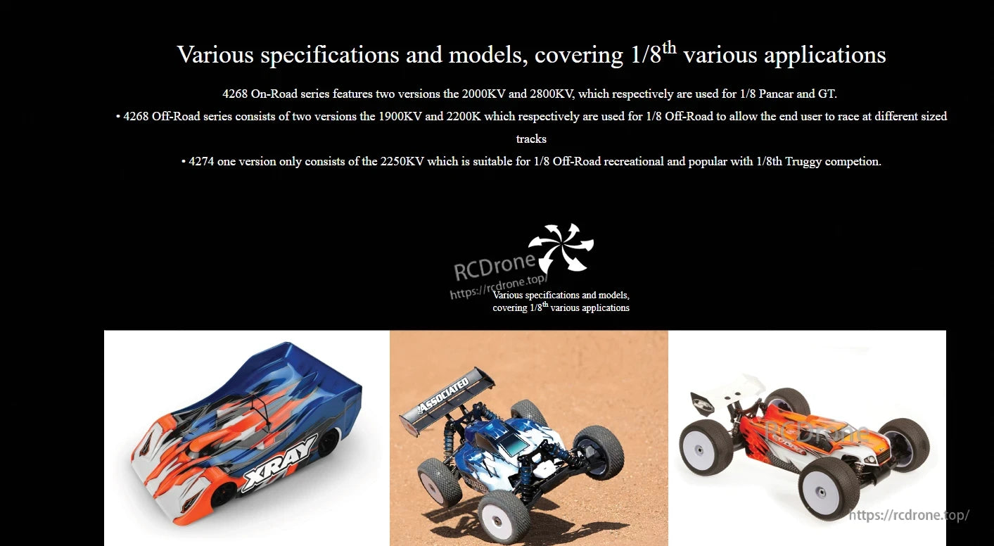 Specification overview listing 4268 and 4274 motor KV options for 1/8 on-road and off-road RC applications