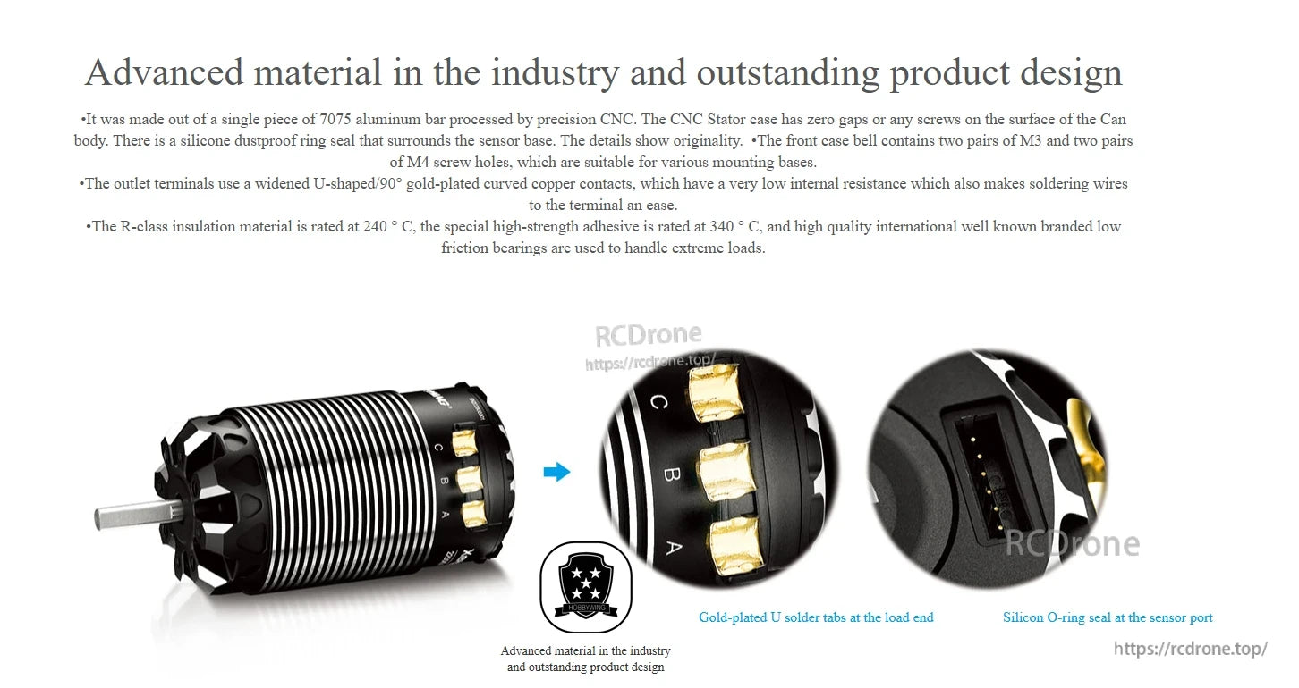 Hobbywing XeRun sensored brushless RC motor with ribbed can, gold-plated U solder tabs, and sensor port