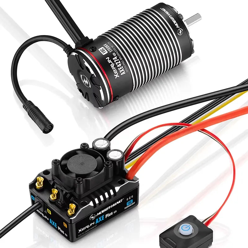 Hobbywing Xerun AXE Plus R3 sensored brushless ESC with cooling fan, switch, and AXE motor with sensor lead