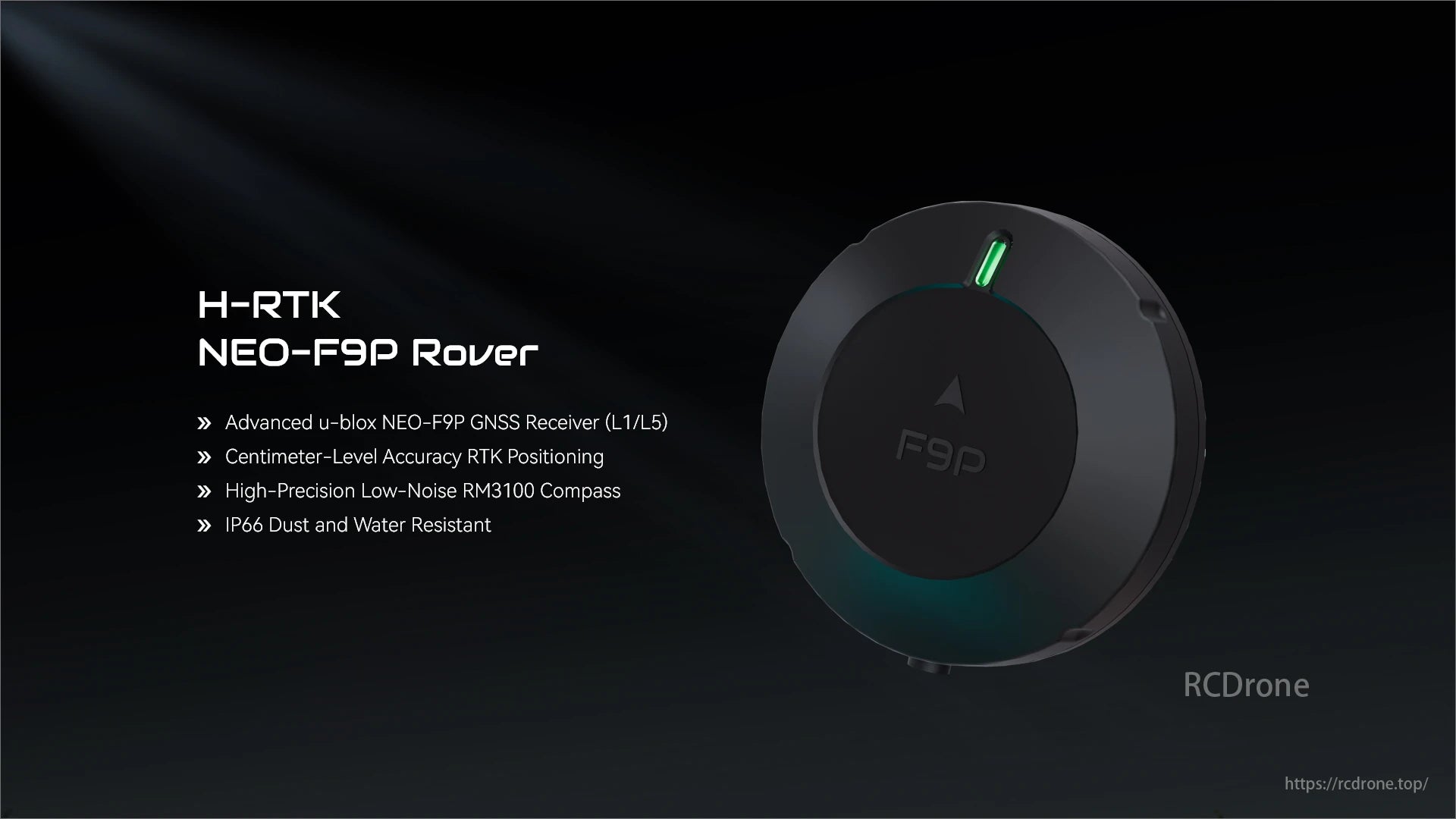 Holybro H-RTK Rover, The Holybro H-RTK NEO-F9P Rover features a u-blox GNSS receiver, centimeter RTK positioning, RM3100 compass, and IP66 rating.