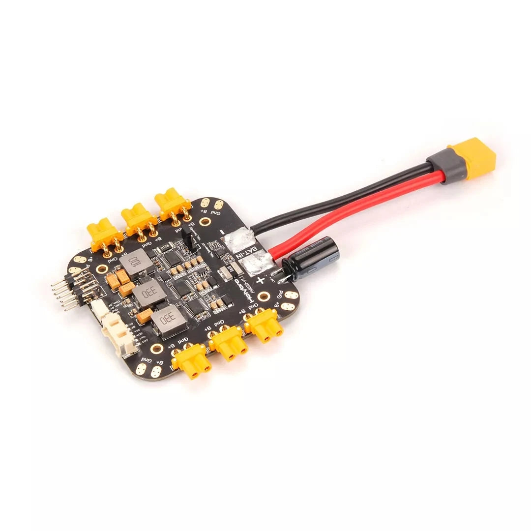 Holybro PM03D Power Module, The device has XT-30 & XT-60 connectors, 2 5V BECs, and a selectable 8V/12V output for motor ESCs, battery, and peripherals.