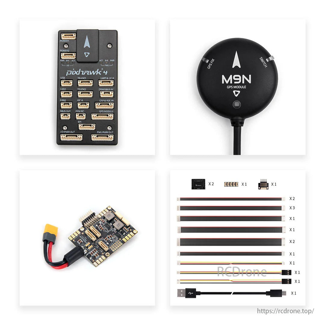 Holybro Pixhawk 4 Autopilot Flight Controller, Pixhawk 4 flight controller, M9N GPS, power module with XT60 connector, and connection cables included.