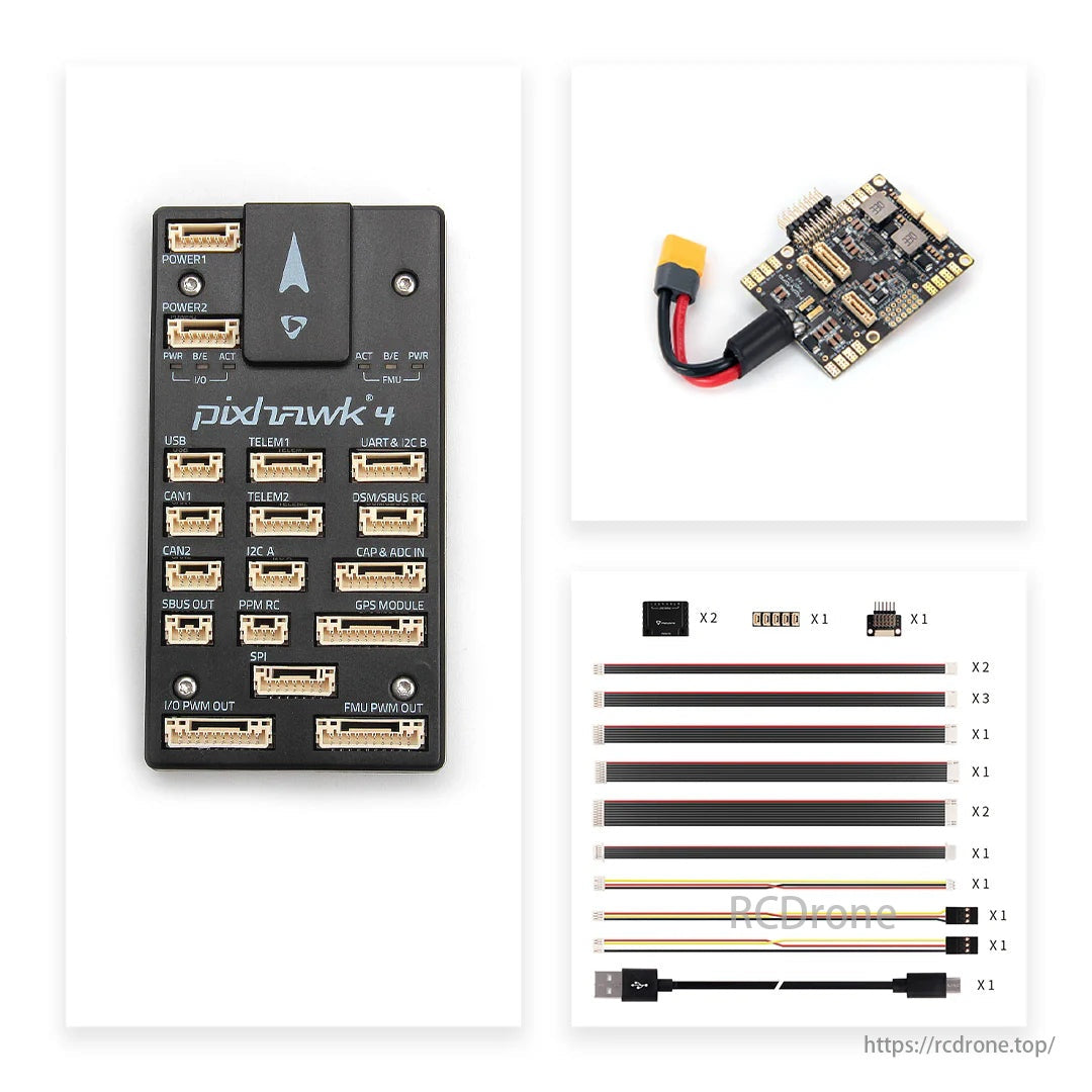 Holybro Pixhawk 4 Autopilot Flight Controller, Pixhawk 4 flight controller features USB, CAN, GPS ports, a power module, and multiple cables for versatile connections.