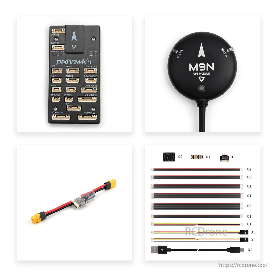 Holybro Pixhawk 4 Autopilot Flight Controller, Pixhawk 4 flight controller, M9N GPS, power module with XT60 connector, and RC drone assembly cables.