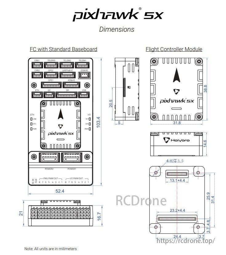 Holybro Pixhawk 5X Autopilot Flight Controller, Pixhawk SX features a 31.8 x 38.8 mm flight controller module and a 103.4 x 52.4 mm baseboard, all dimensions in millimeters.