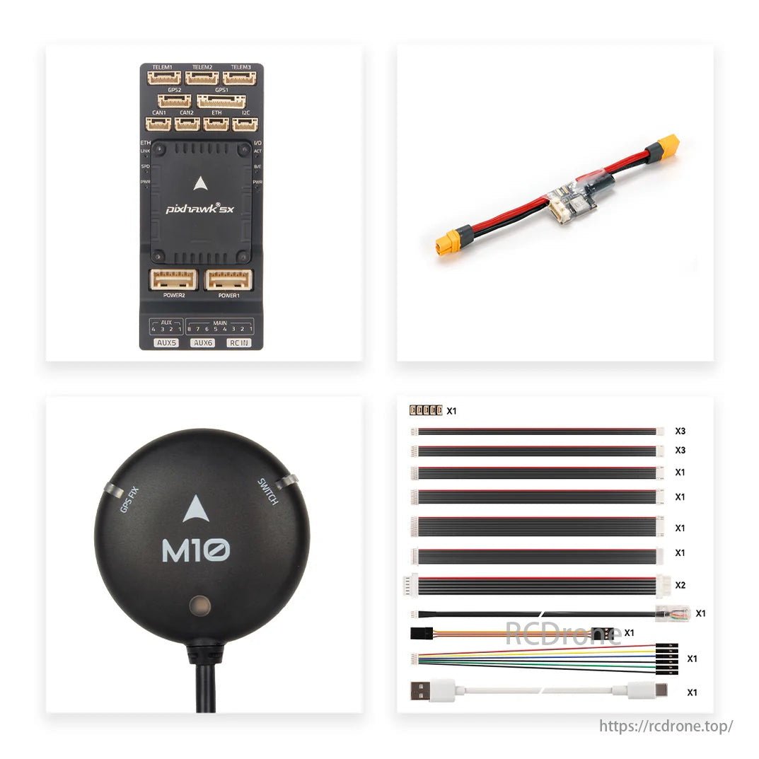 Holybro Pixhawk 5X Autopilot Flight Controller, Pixhawk 5X flight controller, M10 GPS, power module, and cables for drone assembly.
