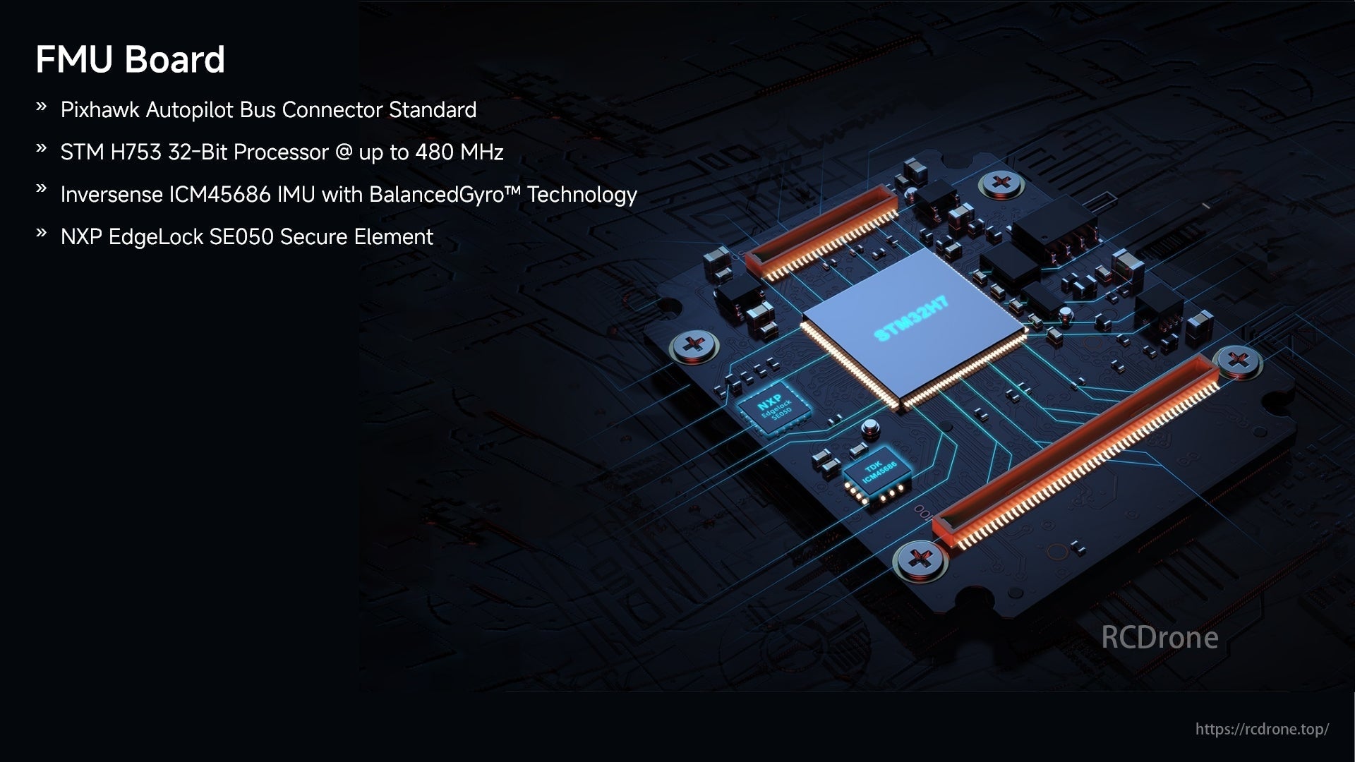 Pixhawk 6X Pro Autopilot, FMU Board includes Pixhawk connector, STM H753 processor, InvenSense IMU with BalancedGyro, and NXP Secure Element.