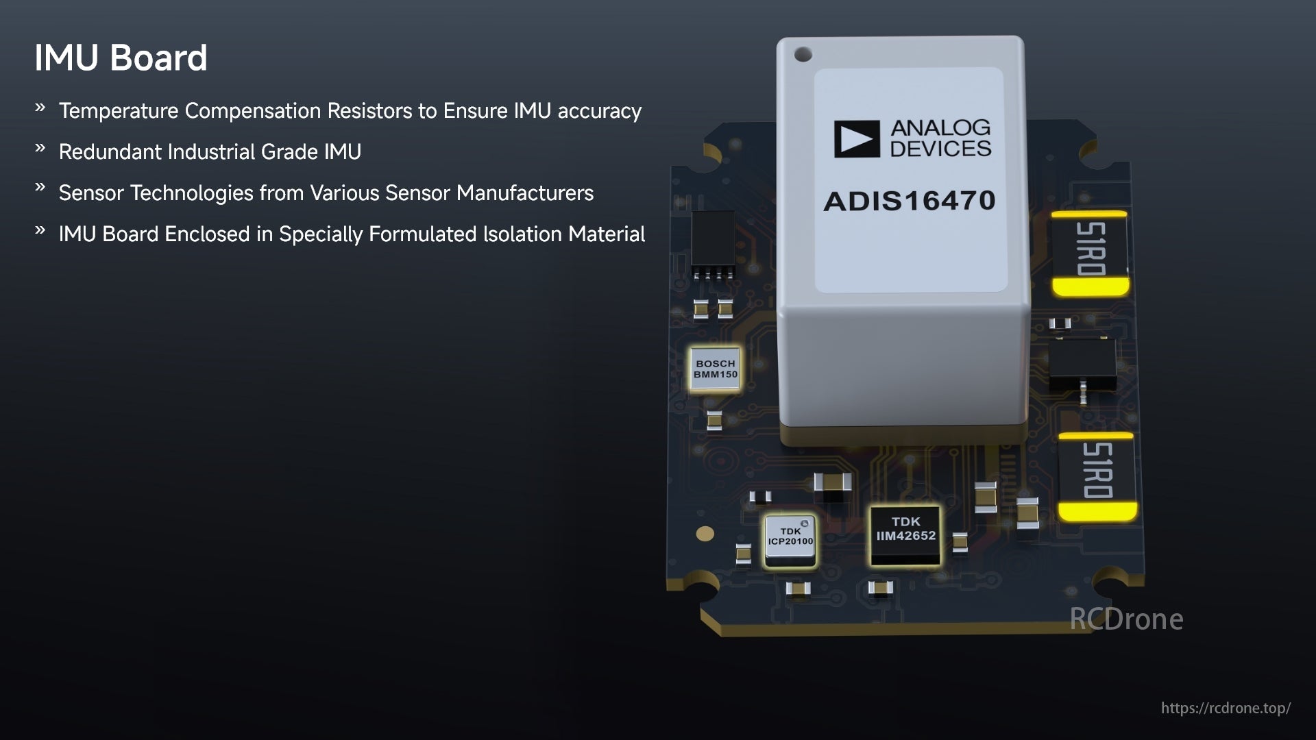Pixhawk 6X Pro Autopilot, IMU Board includes temperature compensation, redundant industrial-grade sensors from multiple manufacturers, enclosed in isolation material.