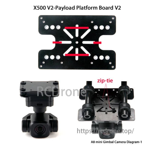 Holybro X500 V2 Kits, Holybro X500 V2 payload board with zip-tie for A8 mini gimbal camera; installation diagram included.