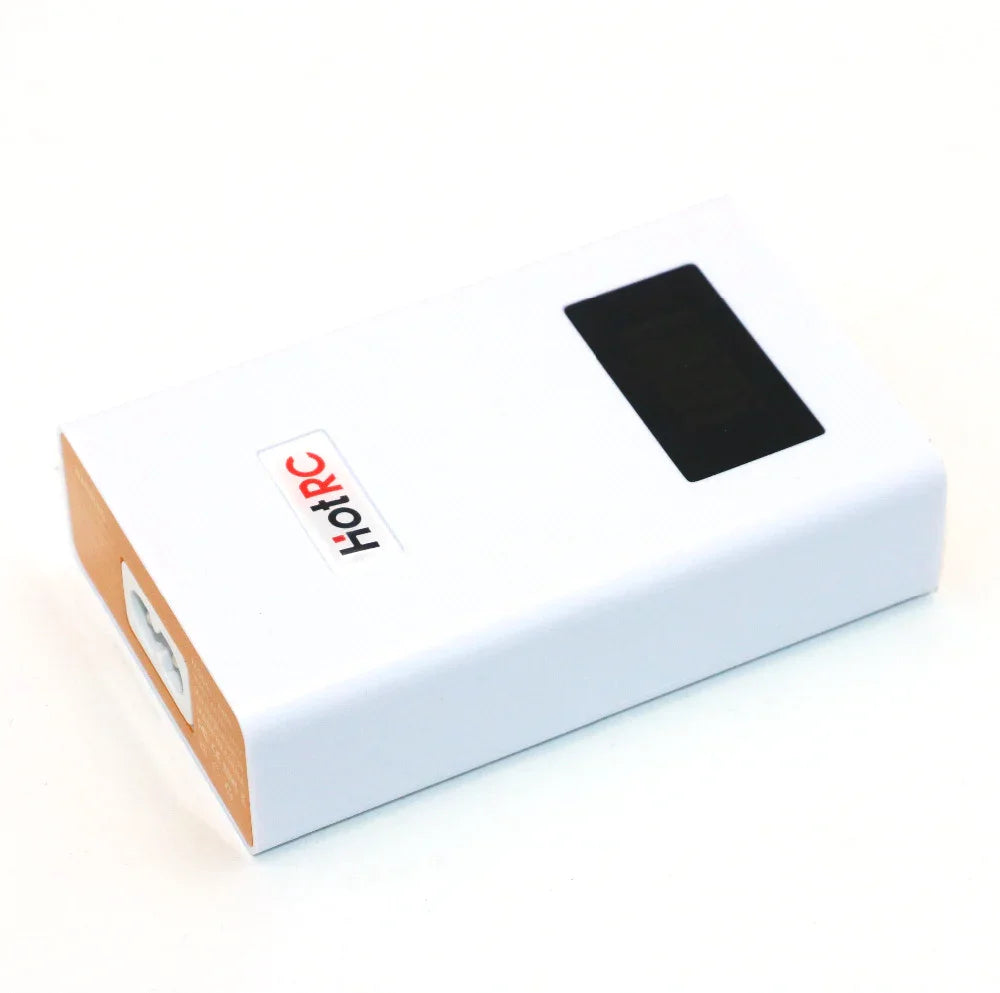 HotRC A400 battery balance charger for 3S/4S LiPo, angled top view with display window