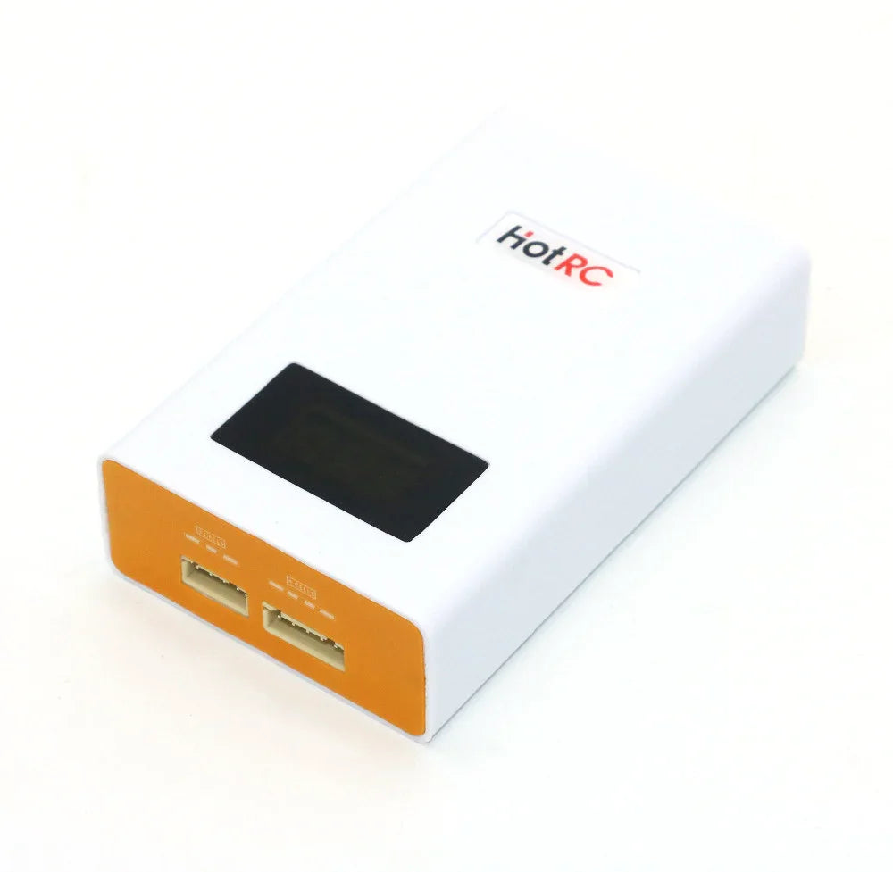 Front view showing HotRC A400 charger face with two balance ports and orange end panel