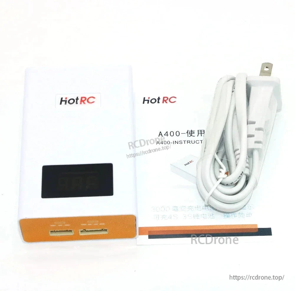 HotRC A400 charger kit contents: charger unit, AC power cord, and A400 instruction manual