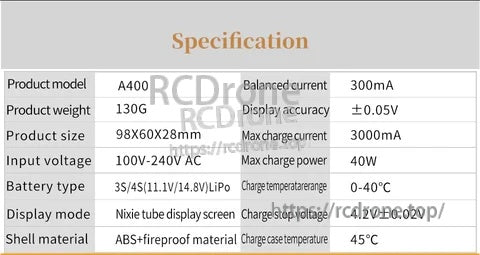 HotRC A400 battery balance charger specifications table: 40W, 3A, 100–240V AC, 3S/4S LiPo support