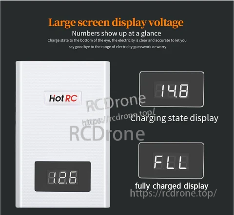 HotRC A400 LiPo balance charger with large digital voltage display and full-charge “FLL” indicator