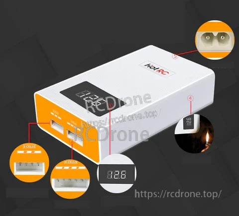 HotRC A400 3S/4S LiPo battery balance charger ports and connectors, with close-ups of balance leads and display