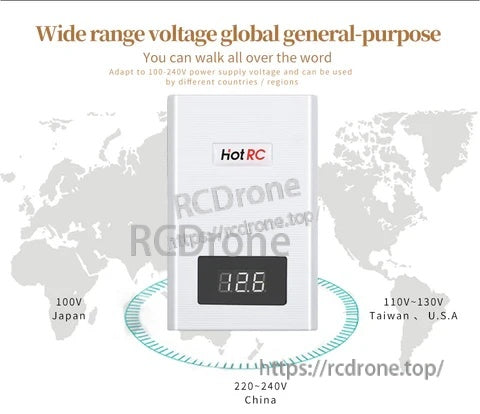 HotRC A400 charger highlighting wide-range 100–240V AC input for global use, with front voltage display