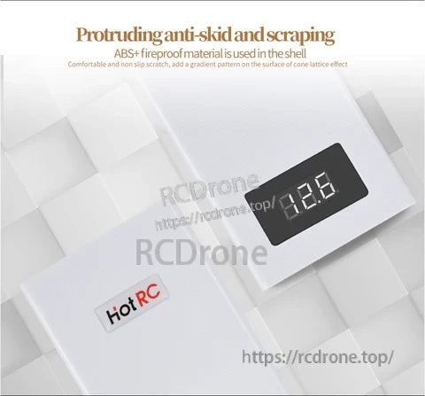 Textured anti-slip housing on the HotRC A400 charger with compact body and front digital display window