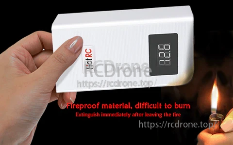 Fire-resistant housing demonstration for the HotRC A400 charger, emphasizing flame-retardant ABS material