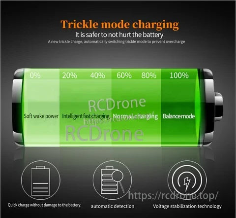 Trickle mode charging graphic illustrating automatic switching to help prevent overcharge and support balanced charging
