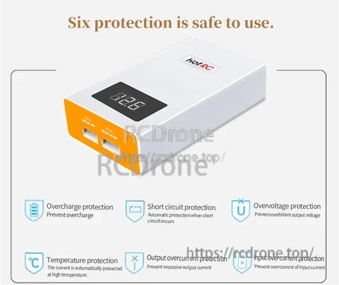 HotRC A400 charger with six safety protections icons: overcharge, short-circuit, overvoltage, overtemp, overcurrent