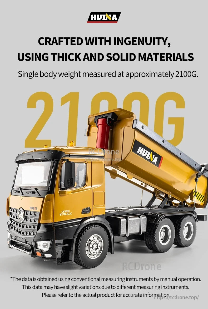 The HuiNa 1/14 scale RC dump truck is made of thick, solid materials and weighs approximately 2100G, with slight data variations possible.