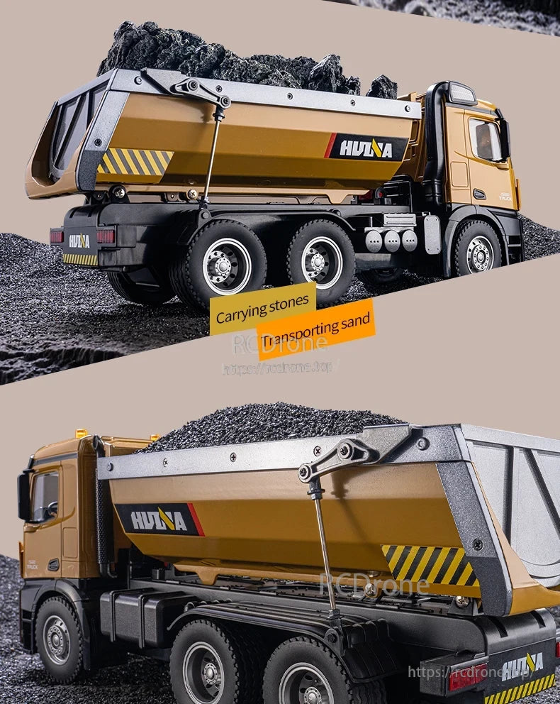 The HuiNa 1/14 scale RC dump truck features a realistic design, transports stones and sand, and offers functional capabilities.
