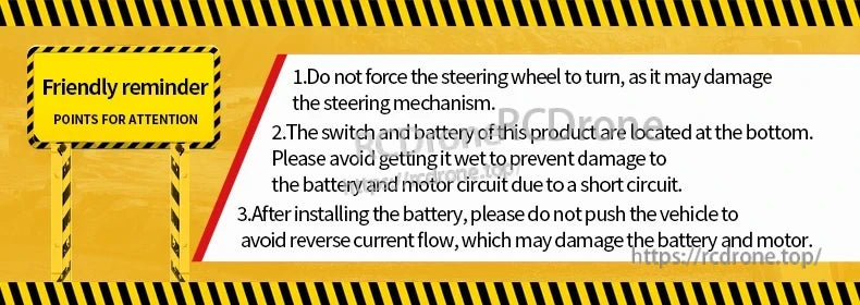 HuiNa 1/14 Scale RC Dump Truck, Do not force the steering wheel, avoid water contact with the switch and battery, and do not push the vehicle after installing the battery to prevent component damage.