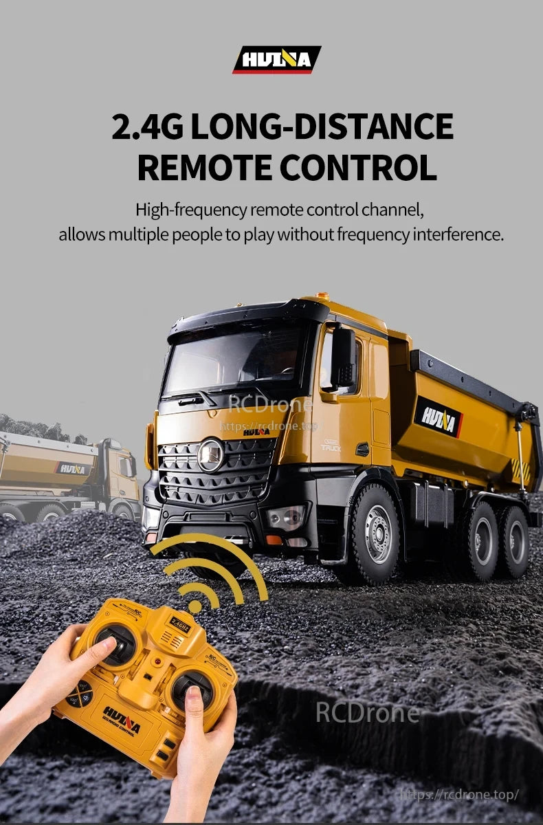 HuiNa 1/14 Scale RC Dump Truck, HuiNa 1/14 scale remote-controlled dump truck with 2.4GHz remote for long-distance control.
