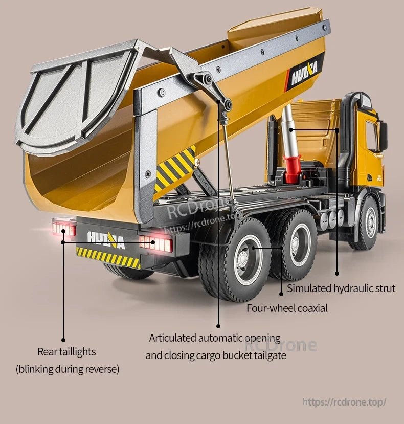 HuiNa 1/14 scale RC dump truck features hydraulic struts and blinking tail lights.