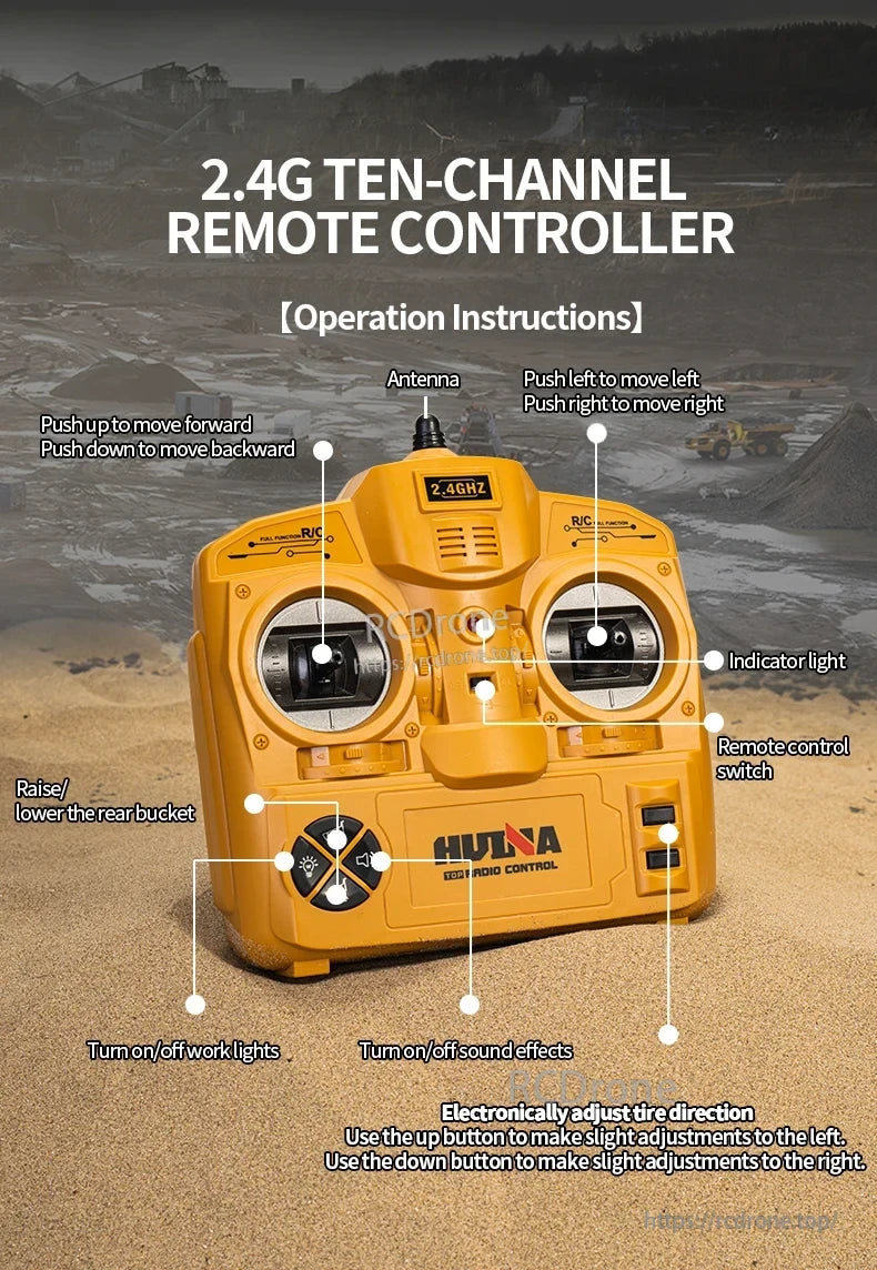 HuiNa 1/14 Scale RC Dump Truck, 2.4G ten-channel remote controller for HuiNa RC dump truck with dual joysticks, antenna, indicator light, switch, work lights, sound effects, and electronic tire direction adjustment.