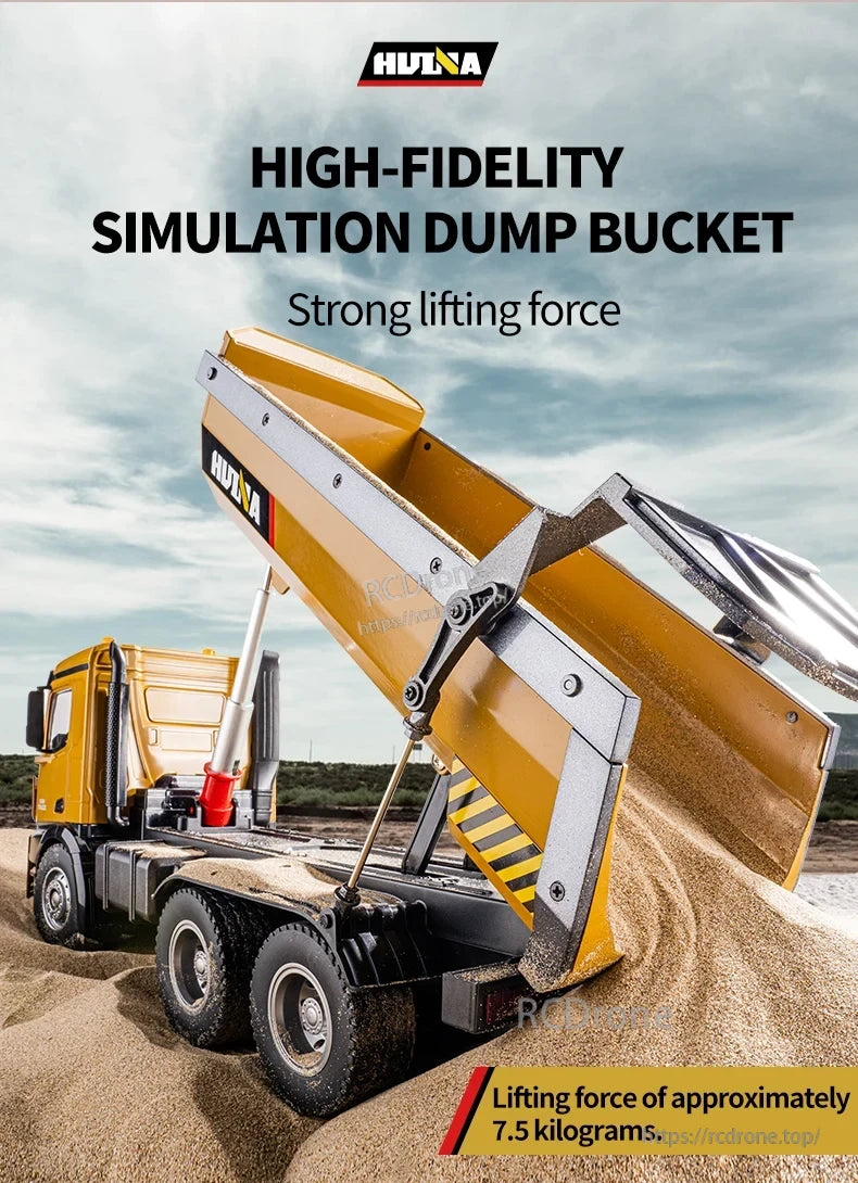 HuiNa 1/14 Scale RC Dump Truck, The HuiNa 1/14 RC dump truck features realistic simulation and a 7.5kg lifting capacity.