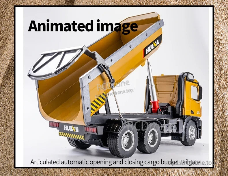 HuiNa 1/14 Scale RC Dump Truck, HuiNa 1/14 scale remote-controlled dump truck featuring an articulated automatic cargo bucket tailgate.