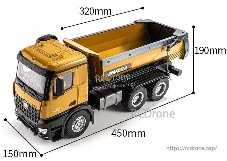 HuiNa 1/14 Scale RC Dump Truck, A package includes a HuiNa 1573 1/14 alloy dump truck and accessories: remote controller, rechargeable battery pack, charger, and user manual.