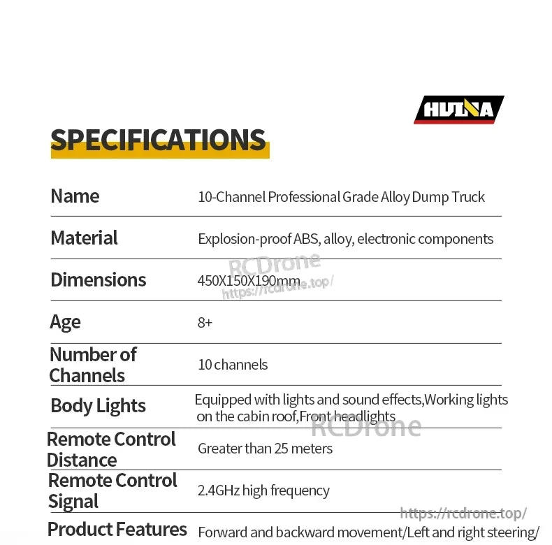 HuiNa 1/14 Scale RC Dump Truck, The HuiNa 1/14 RC Dump Truck features a 10-channel alloy design, lights, sounds, and 2.4GHz remote control with 25m+ range.