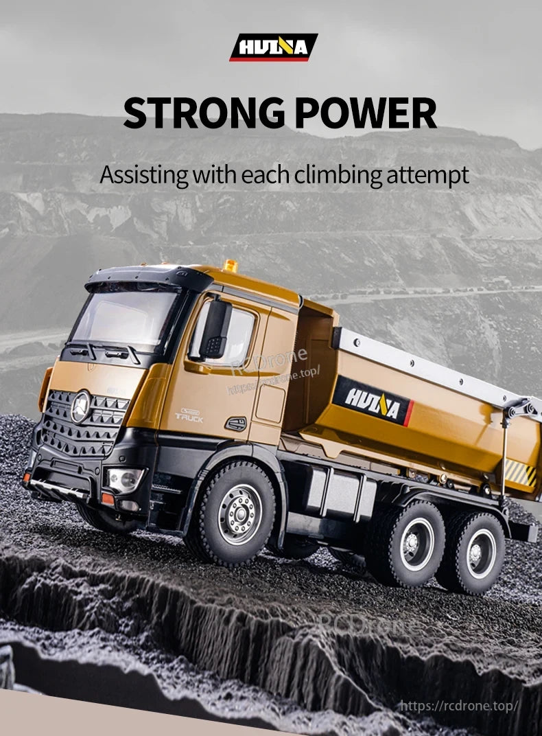 The HuiNa 1/14 scale RC dump truck features powerful performance, durable construction, realistic details, and climbing assistance.