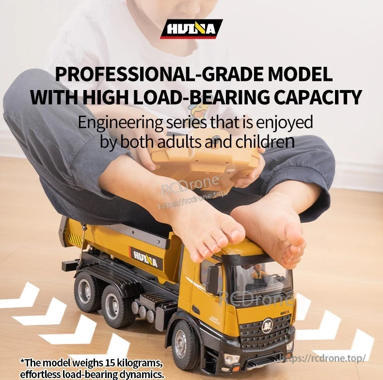 HuiNa 1/14 Scale RC Dump Truck, RC dump truck, 1/14 scale, 15kg capacity, for adults and children.