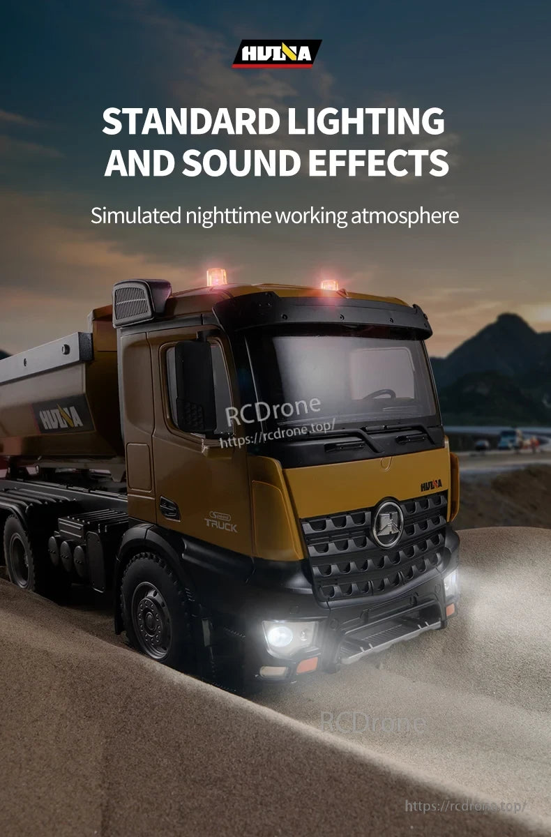 HuiNa 1/14 scale RC dump truck features realistic lighting and sound effects for a nighttime work simulation.