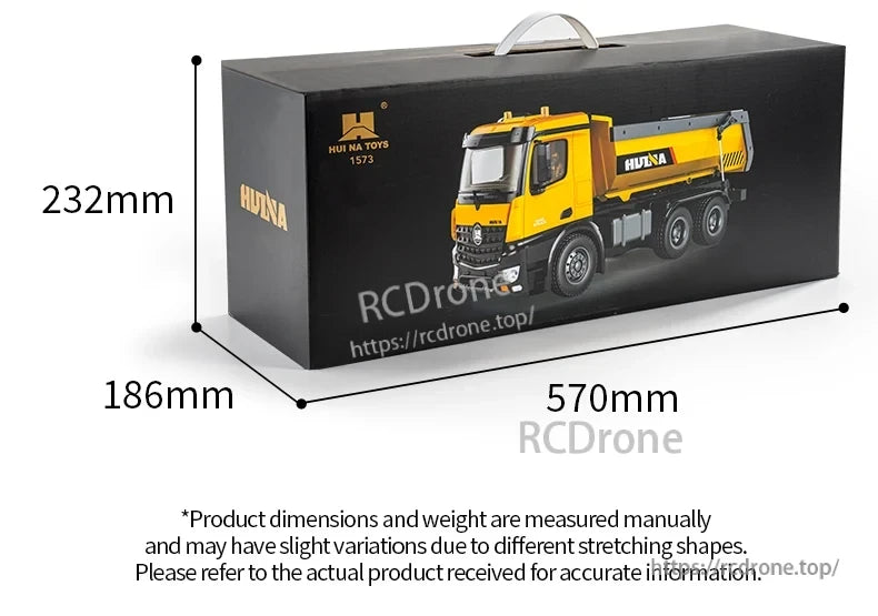 HuiNa 1/14 scale RC dump truck with approximate dimensions 570x232x186mm; manual measurements may vary.