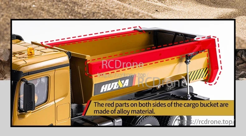 HuiNa 1/14 Scale RC Dump Truck, Red alloy cargo bucket sides for HuiNa 1/14 RC dump truck.